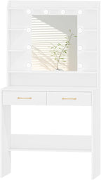Vanity Desk with Adjustable Brightness, Vanity Table with Shelves and 2 Drawers, for Bedroom