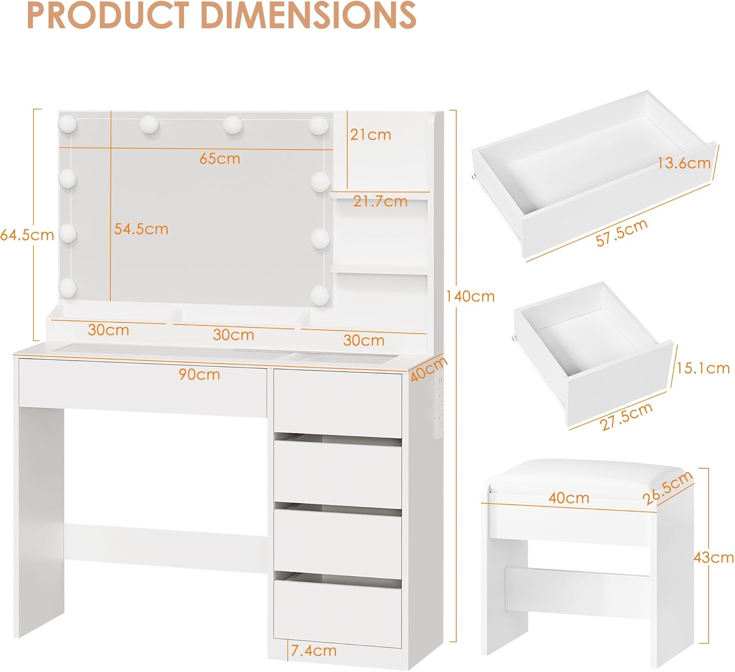 Large Mirror and Lights 3-Colour LED Adjustable Brightness Glass Top Vanity Table with Plug and Stool 5 Drawers
