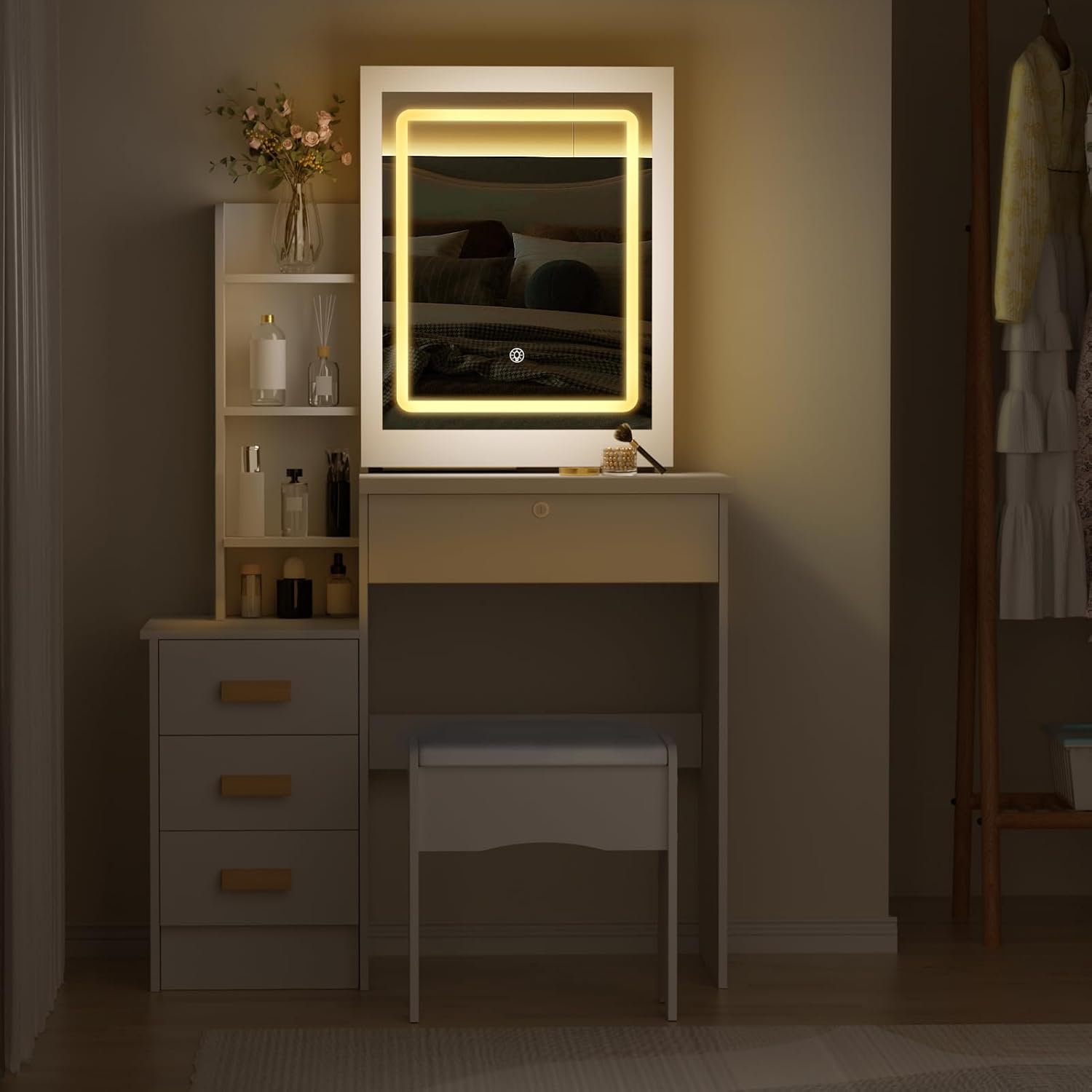 Mirror and Stool, Vanity Table with LED Lights Mirror(3 Modes Color), Makeup Desk with Storage Drawers