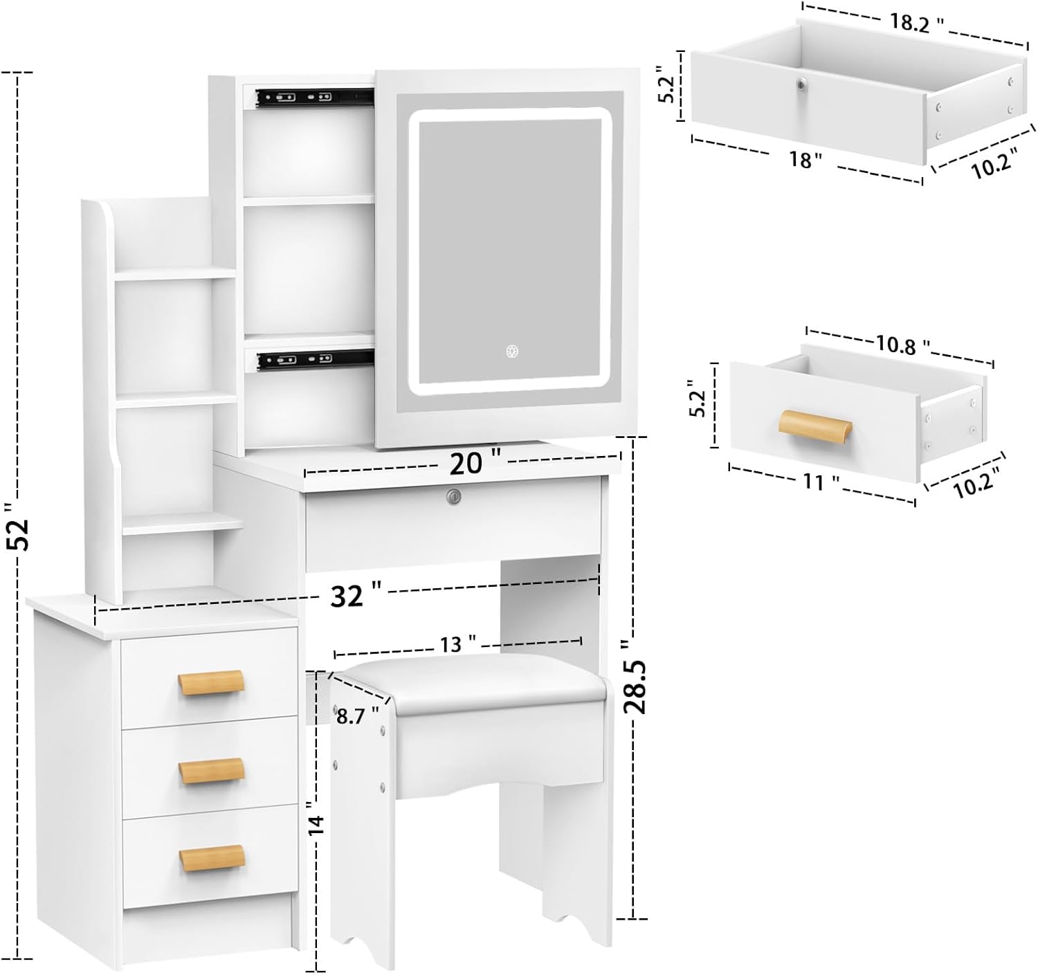 Mirror and Stool, Vanity Table with LED Lights Mirror(3 Modes Color), Makeup Desk with Storage Drawers