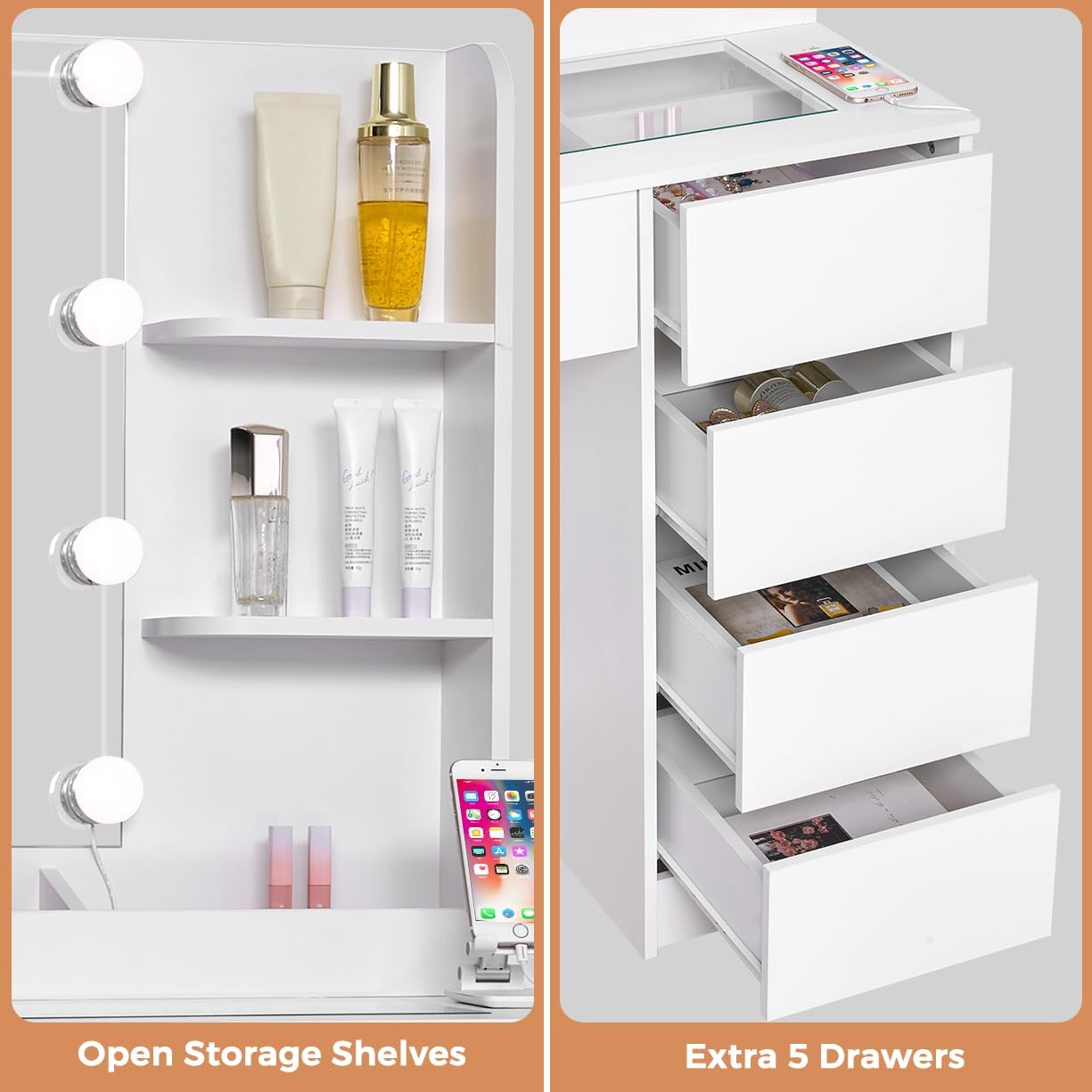 Large Mirror and Lights 3-Colour LED Adjustable Brightness Glass Top Vanity Table with Plug and Stool 5 Drawers