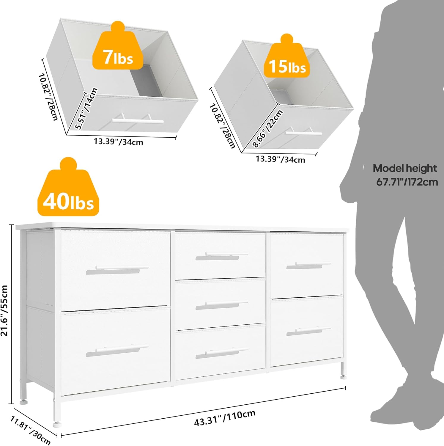 Dresser for Bedroom with 7 Fabric Drawers, TV Stand on Castors, Storage Organizer for Living Room