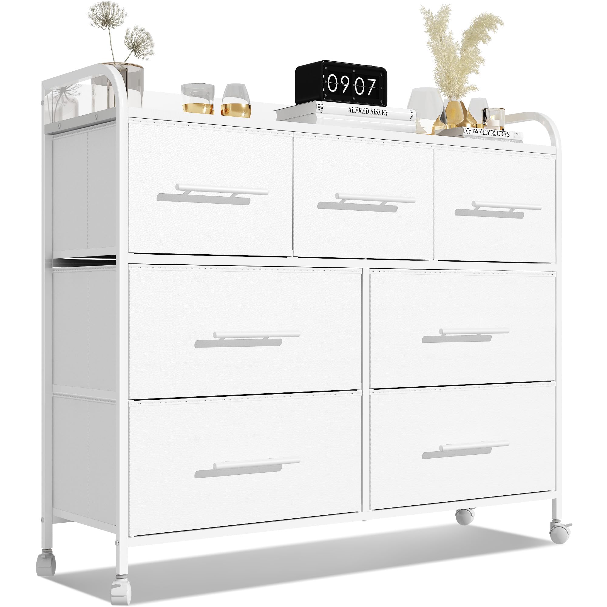 Dresser for Bedroom with 7 Fabric Drawers, TV Stand on Castors, Storage Organizer for Living Room