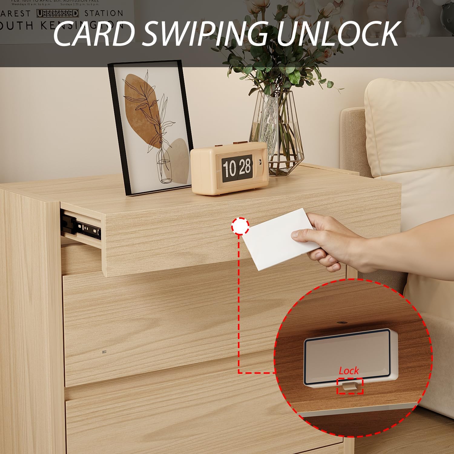 Bedside Table with Hidden Drawer, Modern Nightstand with 2 Large Drawers, Bedside Storage Cabinet