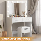 Table with Large Mirror and Stool, Vanity Table with Adjustable Brightnes, 3 Color LED Lights, 2 Large Drawers