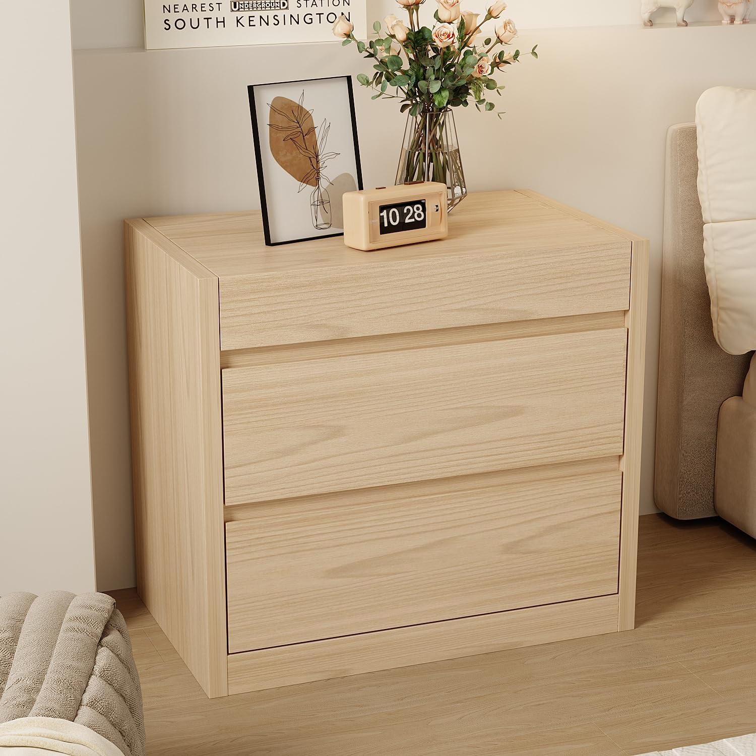 Bedside Table with Hidden Drawer, Modern Nightstand with 2 Large Drawers, Bedside Storage Cabinet