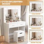 Table with Large Mirror and Stool, Vanity Table with Adjustable Brightnes, 3 Color LED Lights, 2 Large Drawers