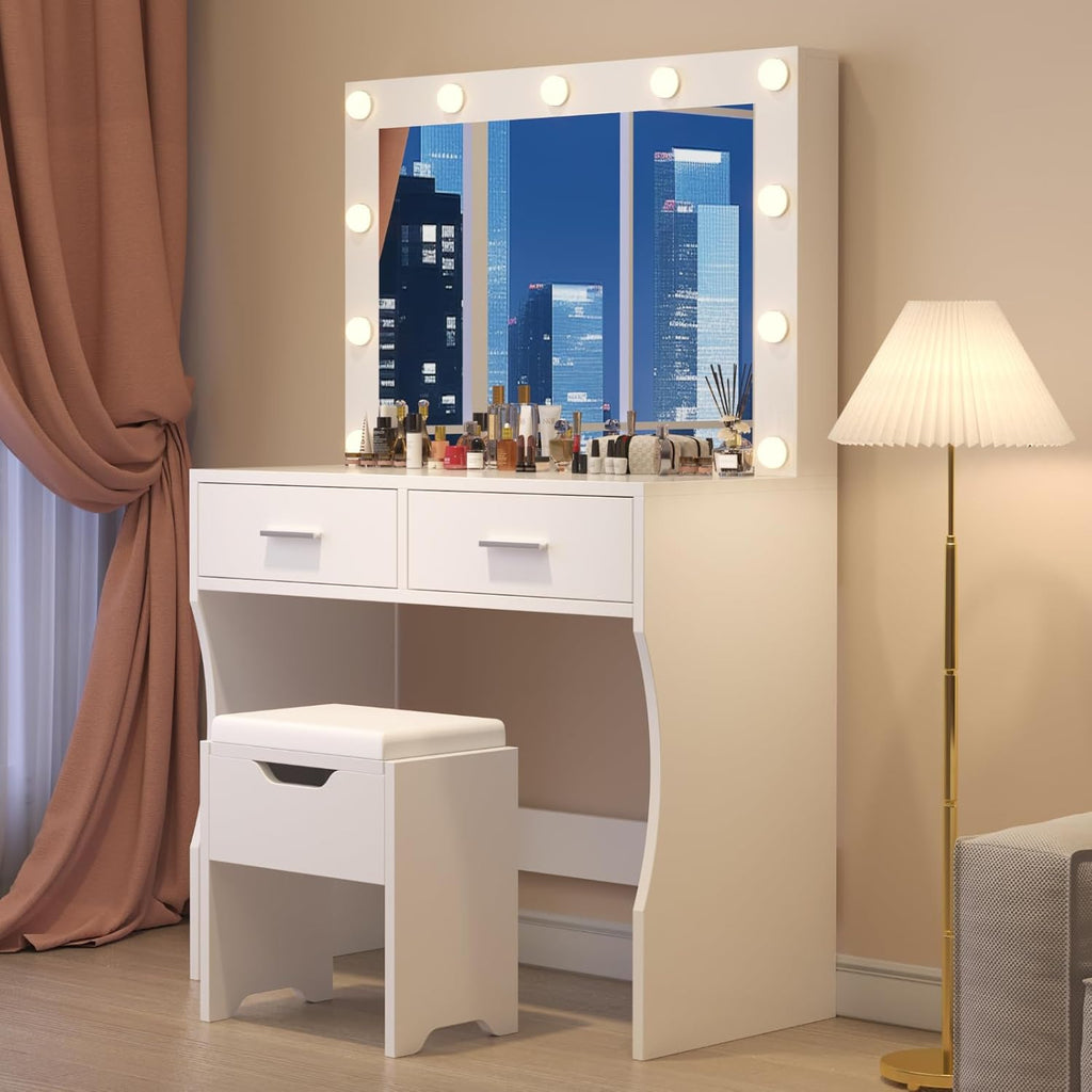 Table with Large Mirror and Stool, Vanity Table with Adjustable Brightnes, 3 Color LED Lights, 2 Large Drawers