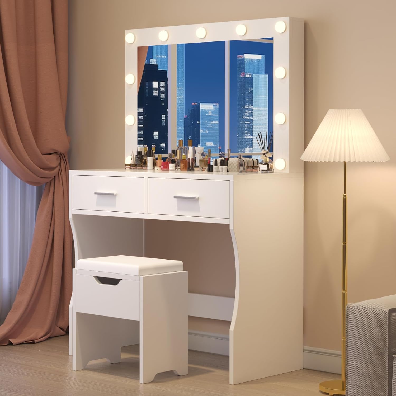 Table with Large Mirror and Stool, Vanity Table with Adjustable Brightnes, 3 Color LED Lights, 2 Large Drawers