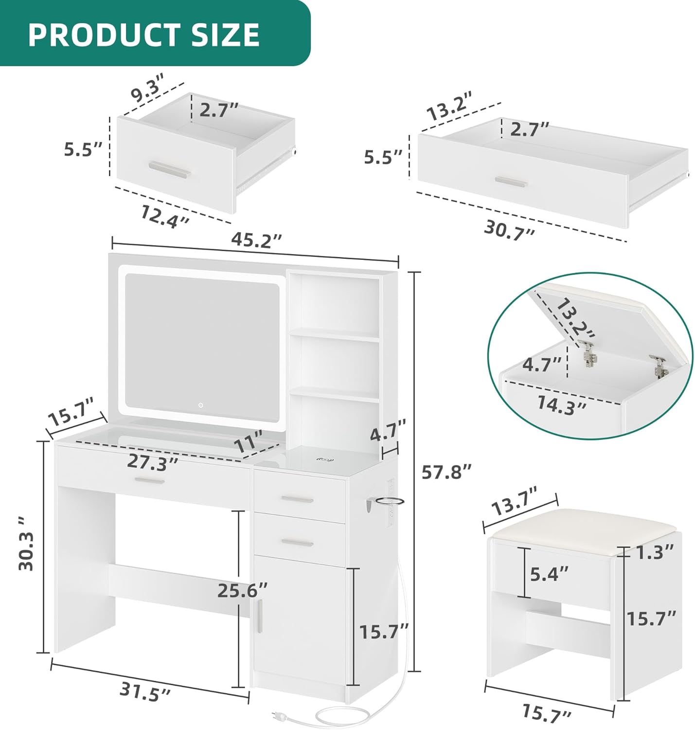 Glass Top Vanity Table Makeup Desk with 3 Drawers and Storage Cabinets, White Bedroom Dressing Tables with Mirror