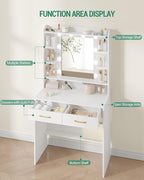 Vanity Desk with Adjustable Brightness, Vanity Table with Shelves and 2 Drawers, for Bedroom