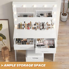 Table with Large Mirror and Stool, Vanity Table with Adjustable Brightnes, 3 Color LED Lights, 2 Large Drawers