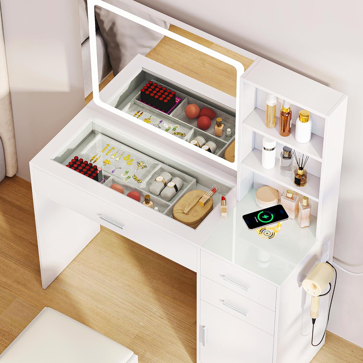 Glass Top Vanity Table Makeup Desk with 3 Drawers and Storage Cabinets, White Bedroom Dressing Tables with Mirror