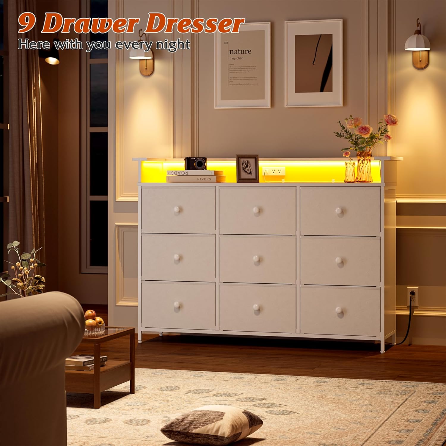 Dresser with LED Light,TV Stand for Bedroom with Charging Station,Fabric Drawer for Hallway