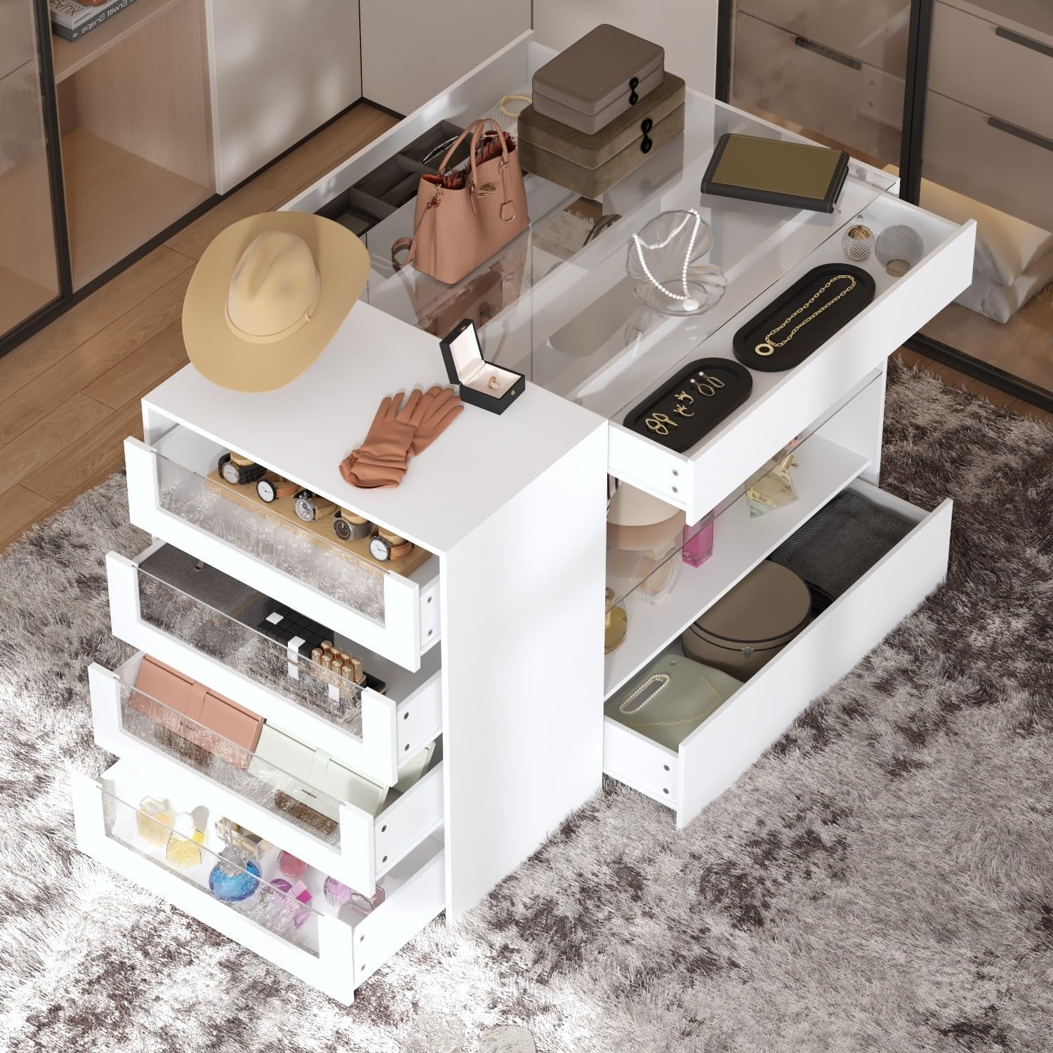 Armoire Bedroom Island Wardrobe Closet Island with 8 Drawers & Glass Tabletop, Walk in Closet Island with Drawers