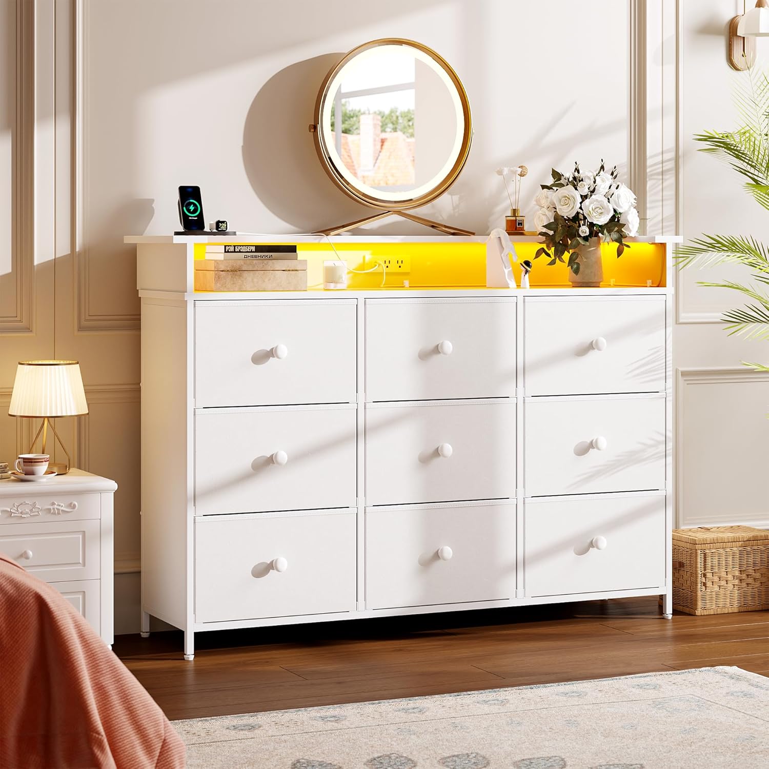 Dresser with LED Light,TV Stand for Bedroom with Charging Station,Fabric Drawer for Hallway