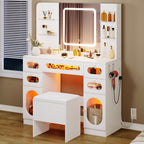 Glass Top Vanity Table Makeup Desk with 3 Drawers and Storage Cabinets, White Bedroom Dressing Tables with Mirror