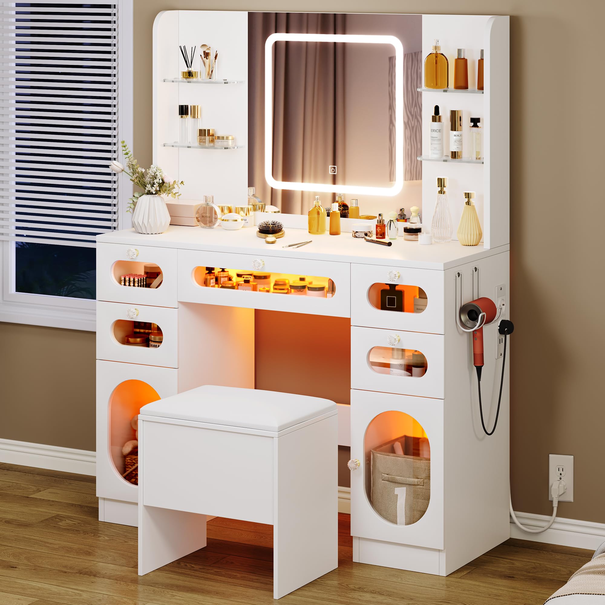 Glass Top Vanity Table Makeup Desk with 3 Drawers and Storage Cabinets, White Bedroom Dressing Tables with Mirror