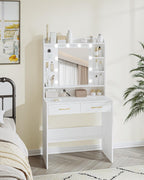 Vanity Desk with Adjustable Brightness, Vanity Table with Shelves and 2 Drawers, for Bedroom