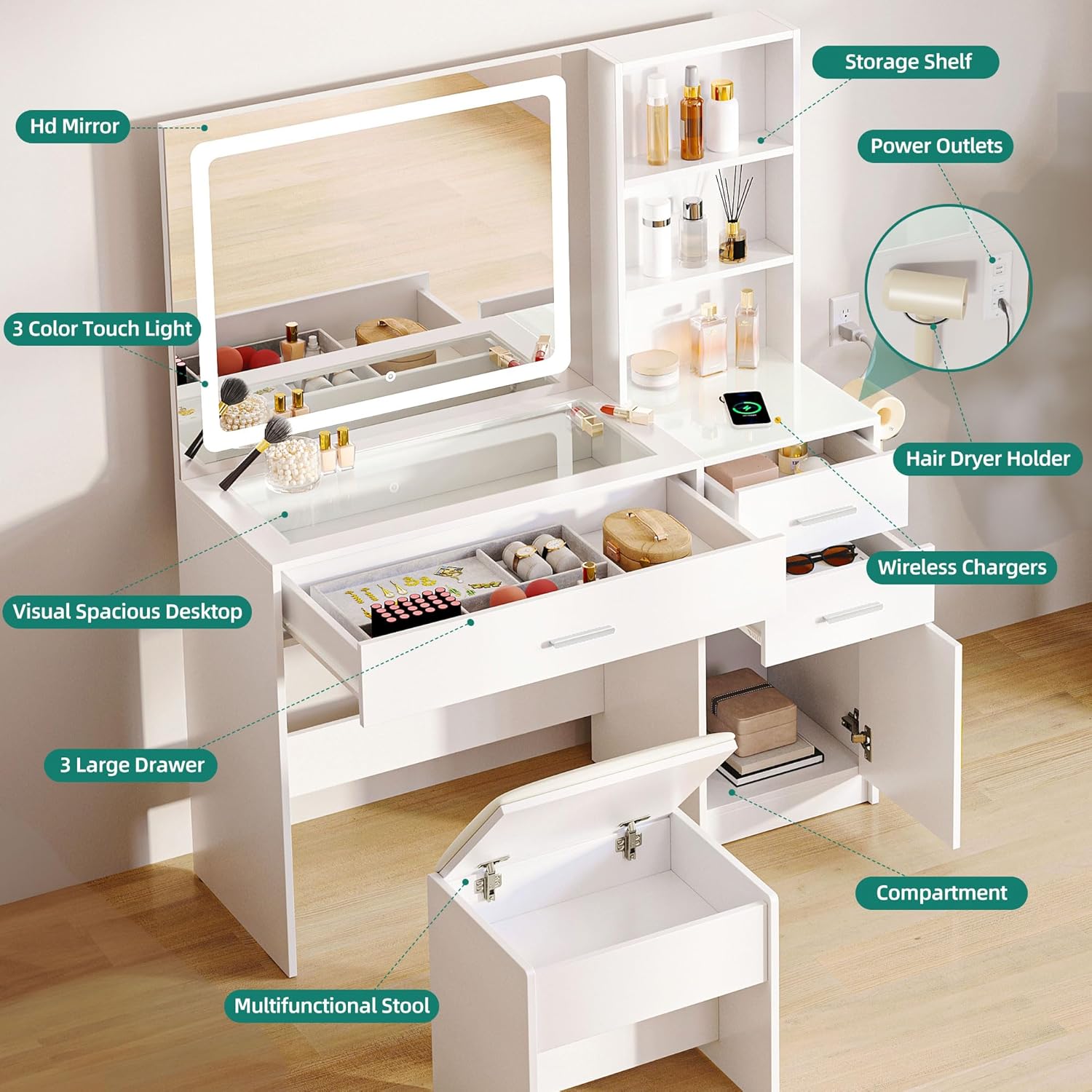 Glass Top Vanity Table Makeup Desk with 3 Drawers and Storage Cabinets, White Bedroom Dressing Tables with Mirror
