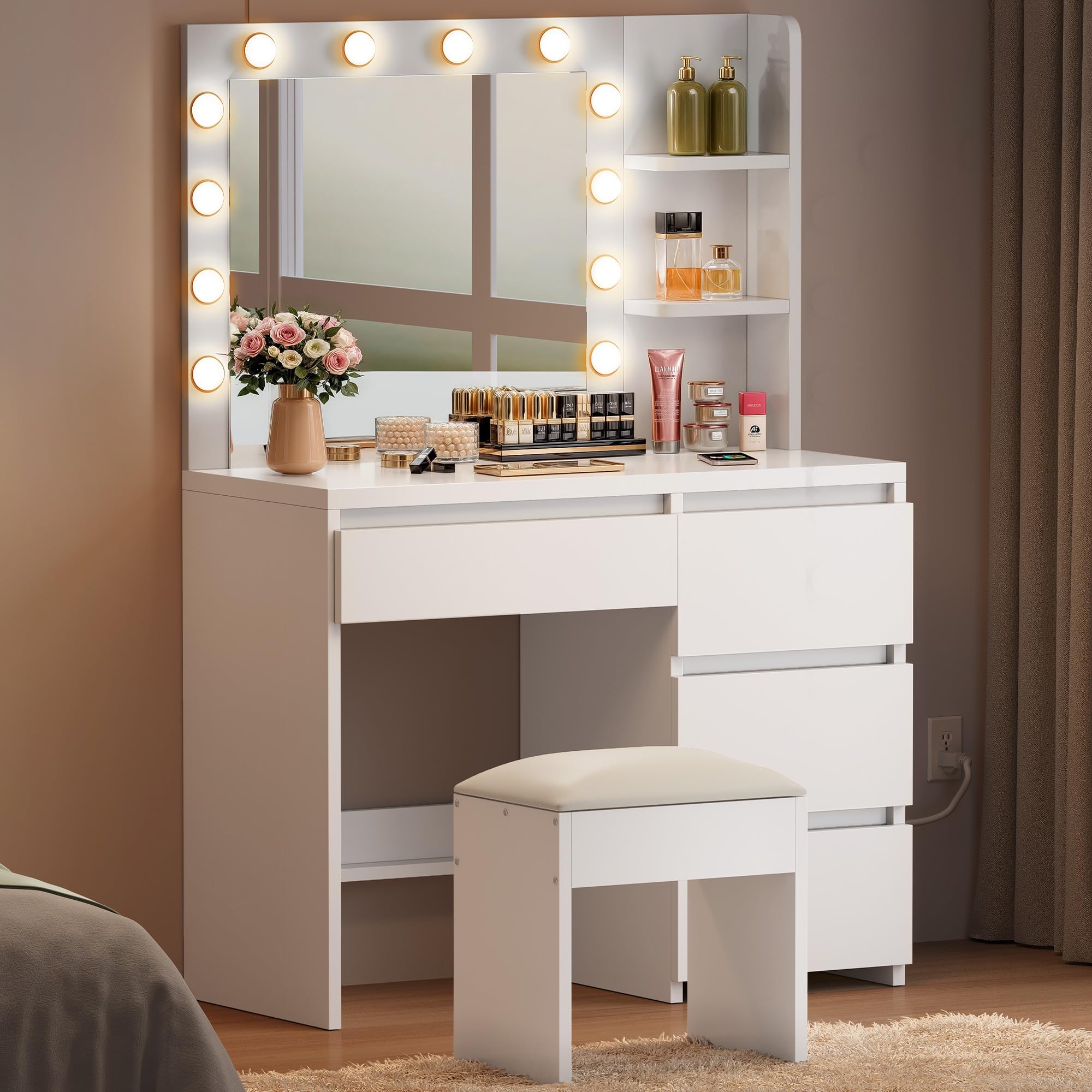 Glass Top Vanity Table Makeup Desk with 3 Drawers and Storage Cabinets, White Bedroom Dressing Tables with Mirror