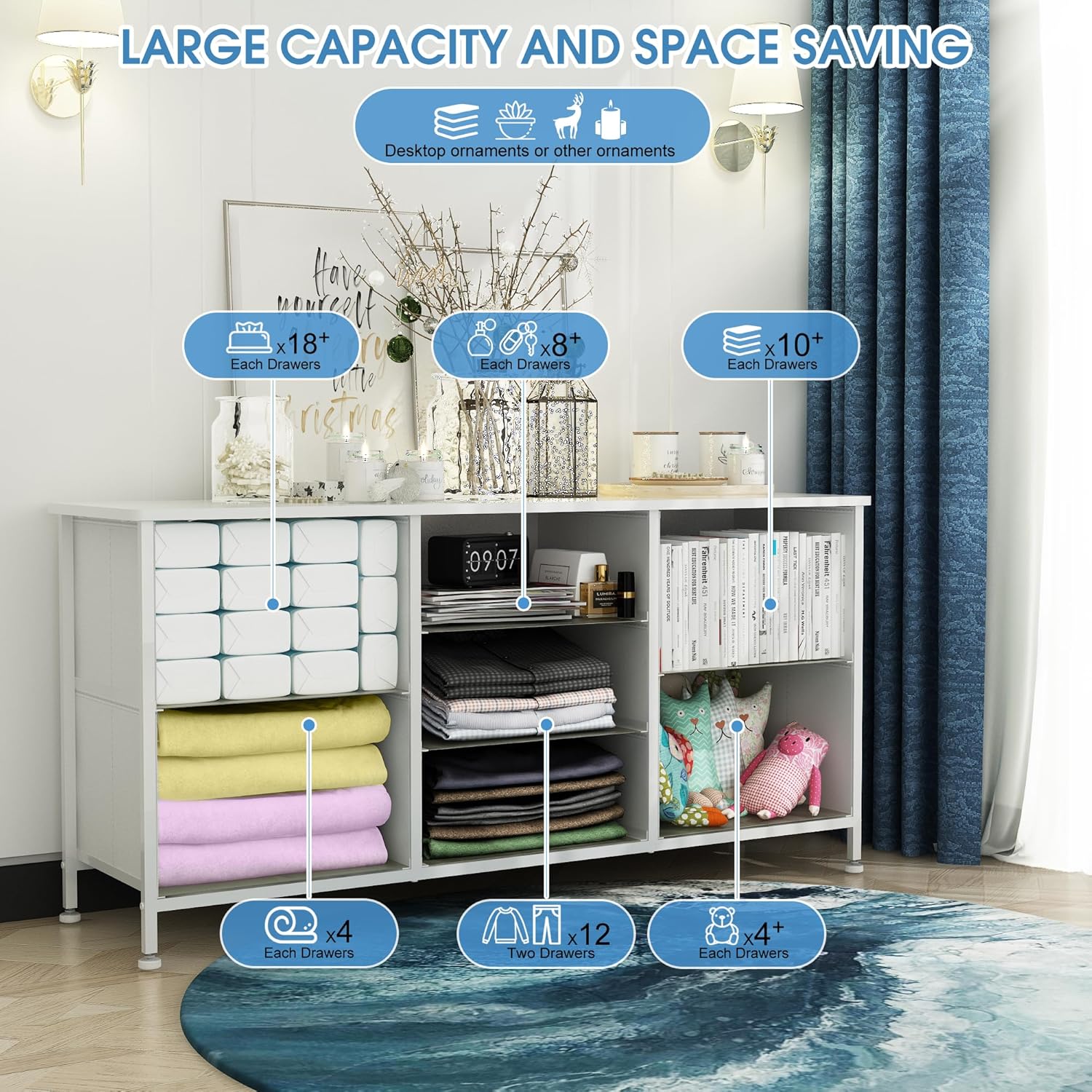 Dresser for Bedroom with 7 Fabric Drawers, TV Stand on Castors, Storage Organizer for Living Room