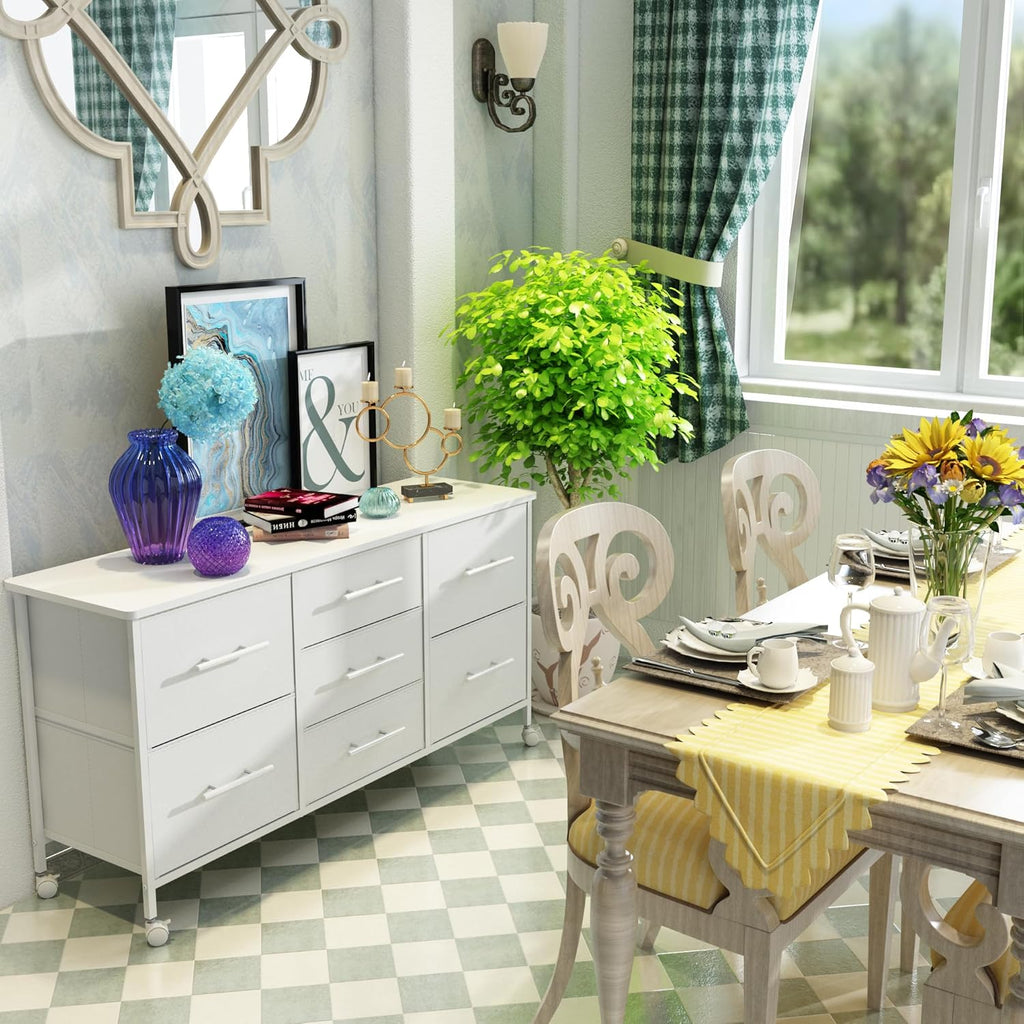 Dresser for Bedroom with 7 Fabric Drawers, TV Stand on Castors, Storage Organizer for Living Room