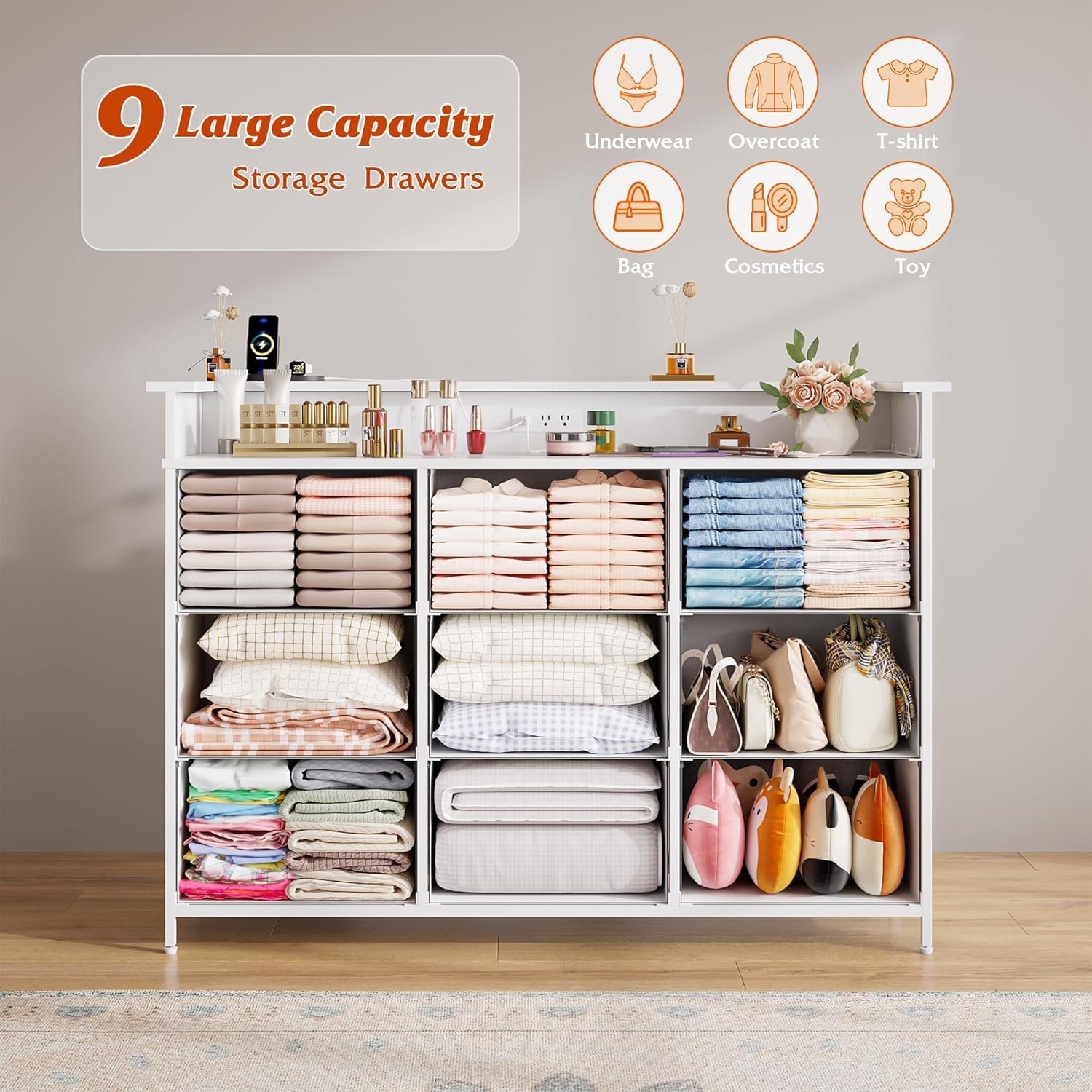 Dresser with LED Light,TV Stand for Bedroom with Charging Station,Fabric Drawer for Hallway