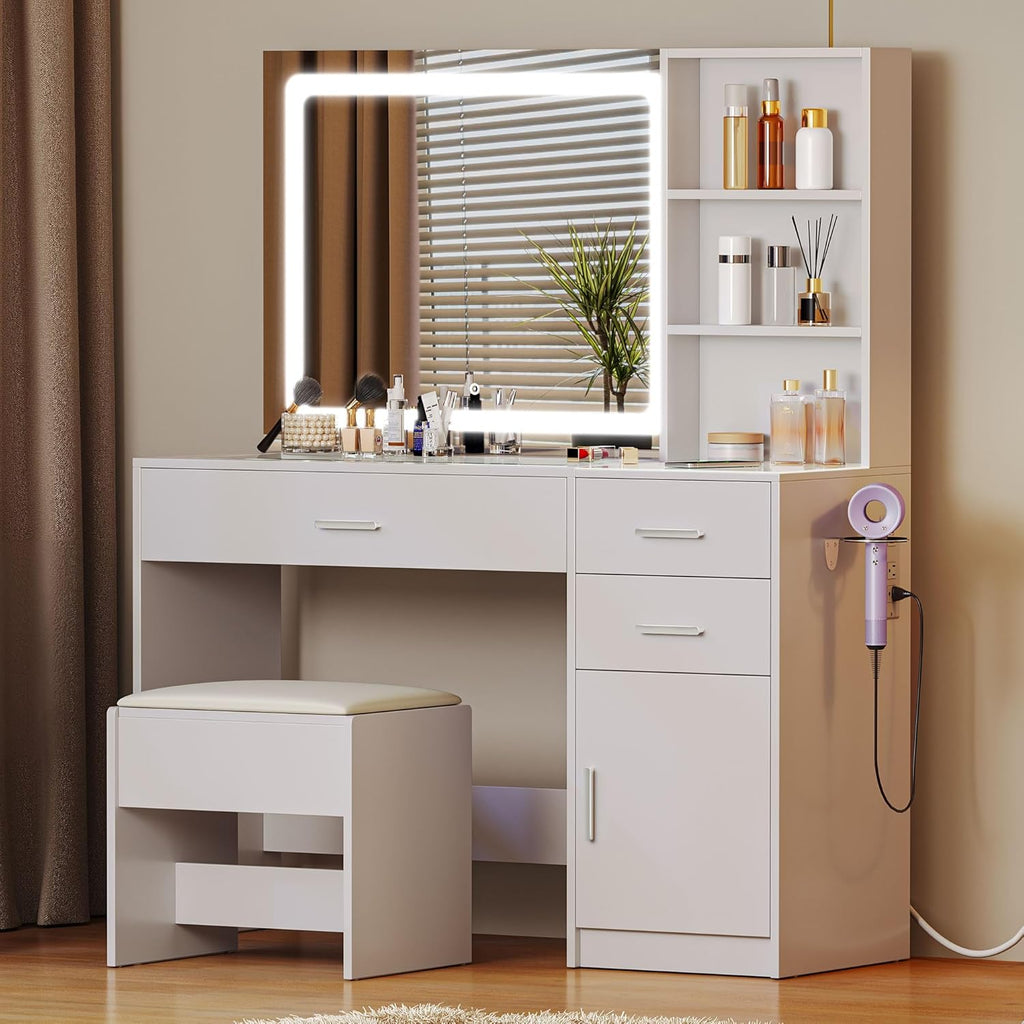 Glass Top Vanity Table Makeup Desk with 3 Drawers and Storage Cabinets, White Bedroom Dressing Tables with Mirror