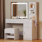 Glass Top Vanity Table Makeup Desk with 3 Drawers and Storage Cabinets, White Bedroom Dressing Tables with Mirror